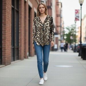 Ariella Animal Print Long Sleeve Neck Zipper Top
New